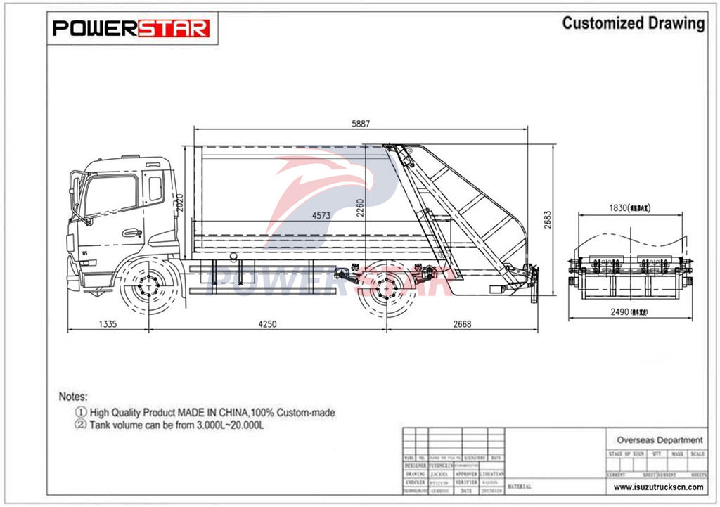 Technical drawing of Isuzu GIGA 15cbm garbage compactor truck