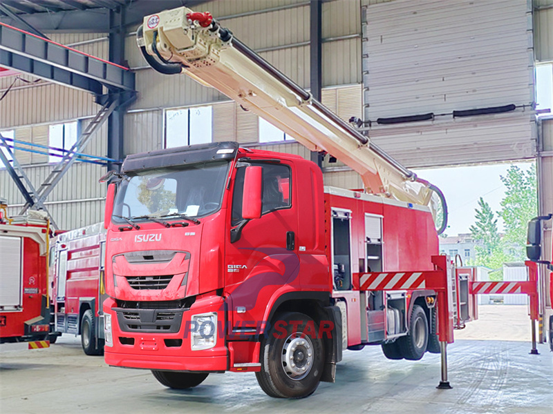 Isuzu GIGA fire truck with mounted high reach extendable turret