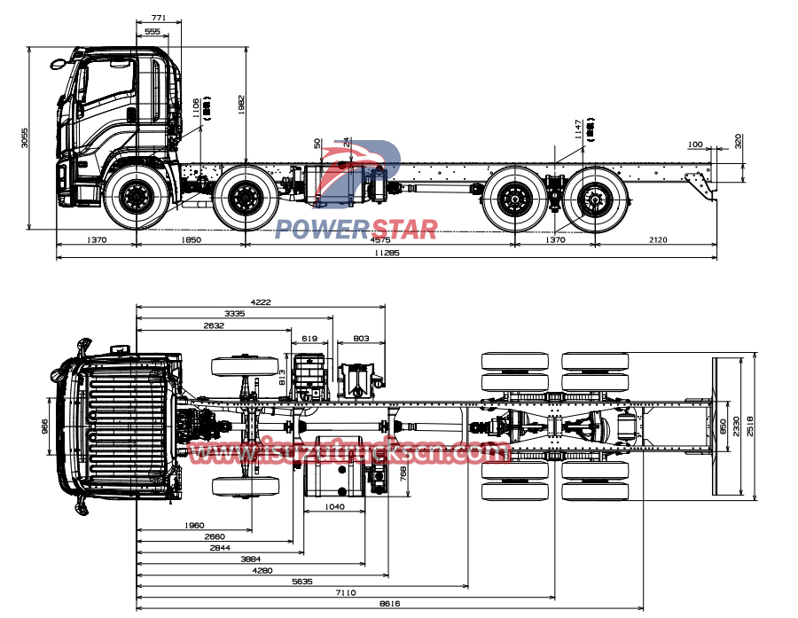 Technical drawing of Isuzu GIGA 8x4 chassis